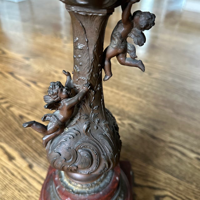 19th Century French Patinated Bronze Spelter and Rouge Griotte Marble Candelabras Garnitures Pair For Sale - Image 12 of 12