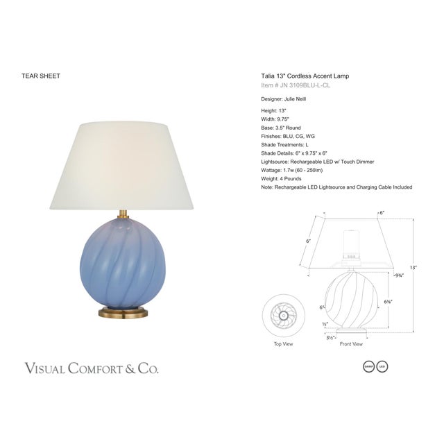 Julie Neill by Visual Comfort Signature Talia 13" Cordless Accent Lamp in Blue with Linen Shade Designer: Julie Neill...
