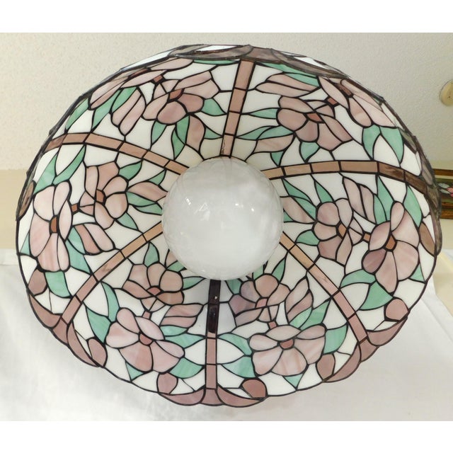 Mid 20th Century Mid 20th Century Pink Green & White Floral Stained-Glass Chandelier For Sale - Image 5 of 10