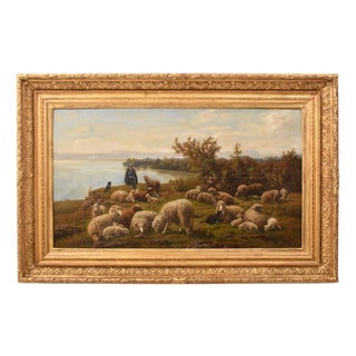 Hermann Julius Kornbeck, Landscape with Flock and Shepherd, 1800s, Oil Painting, Framed For Sale