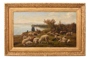 Hermann Julius Kornbeck, Landscape with Flock and Shepherd, 1800s, Oil Painting, Framed