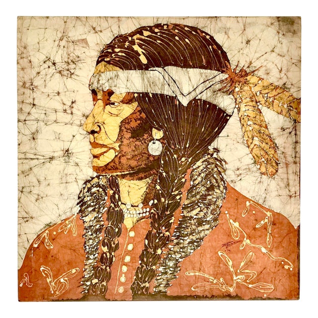 1979 Vintage Southwestern Native American Batik Portrait Textile Art by Zanoria Merrill For Sale