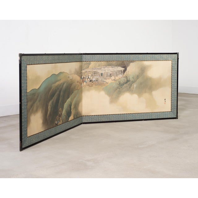 Beige Japanese Taisho Two-Panel Landscape Screen Traveler Waystation For Sale - Image 8 of 18