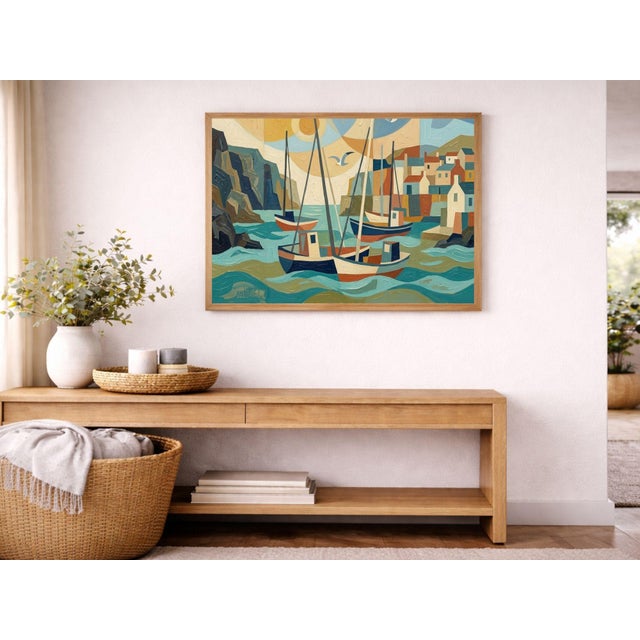 Mid-Century Modern Colorful Harbor Boats Painting, Coastal Abstract Art Print, 36″ × 24″ For Sale - Image 3 of 7