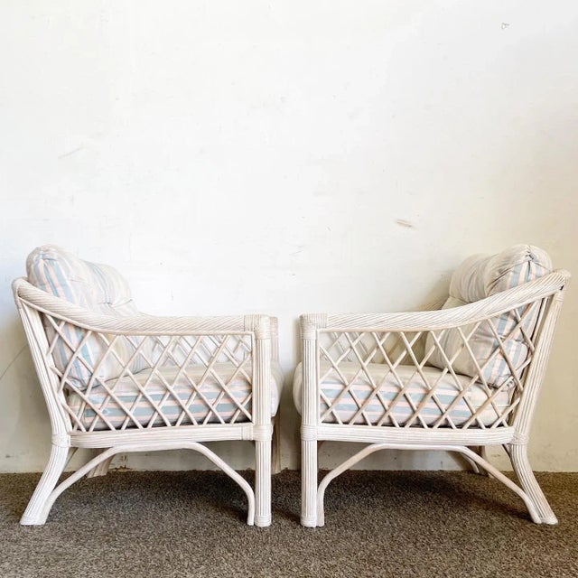 1980s Boho Chic Rattan and Pencil Reed Arm Chairs by Henry Link - a Pair For Sale - Image 5 of 9