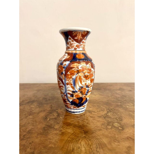 Lovely quality antique Japanese imari vase, having a quality antique Japanese imari shaped vase decorated with trees,...