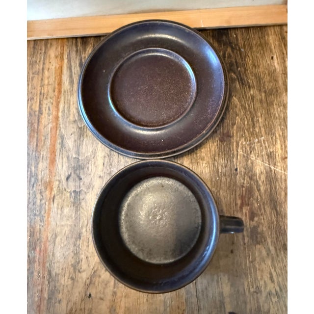 Rustic European Vintage Arabia Finland Ruska Stoneware Large Coffee Cup & Saucer Brown For Sale - Image 3 of 7