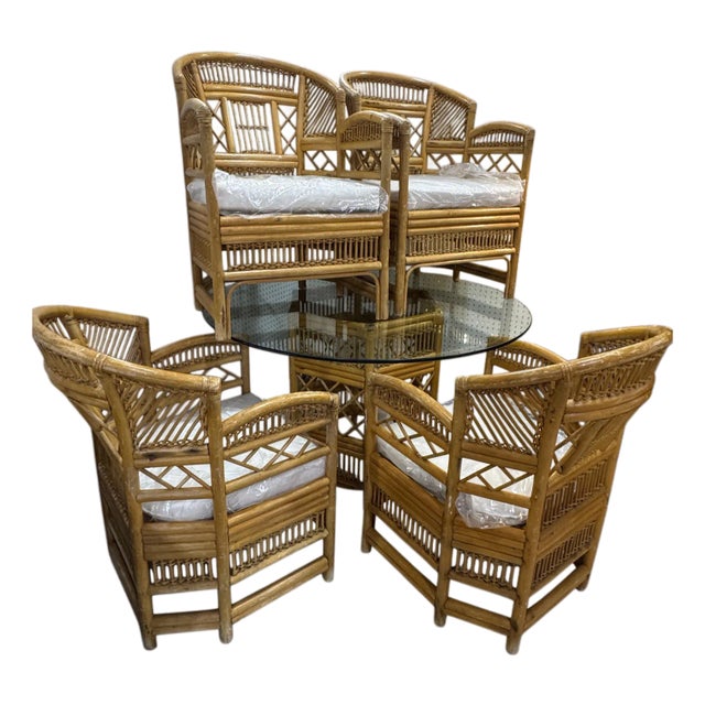 Vintage Brighton Pavilion Style Rattan Dining Set With Glass Table & 4 Chairs For Sale