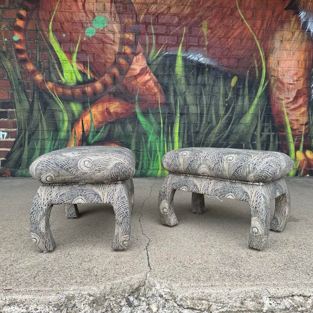 Mid 20th Century Pair of Oriental Fully Upholstered Beachley Furniture Peacock Ottomans For Sale - Image 5 of 12