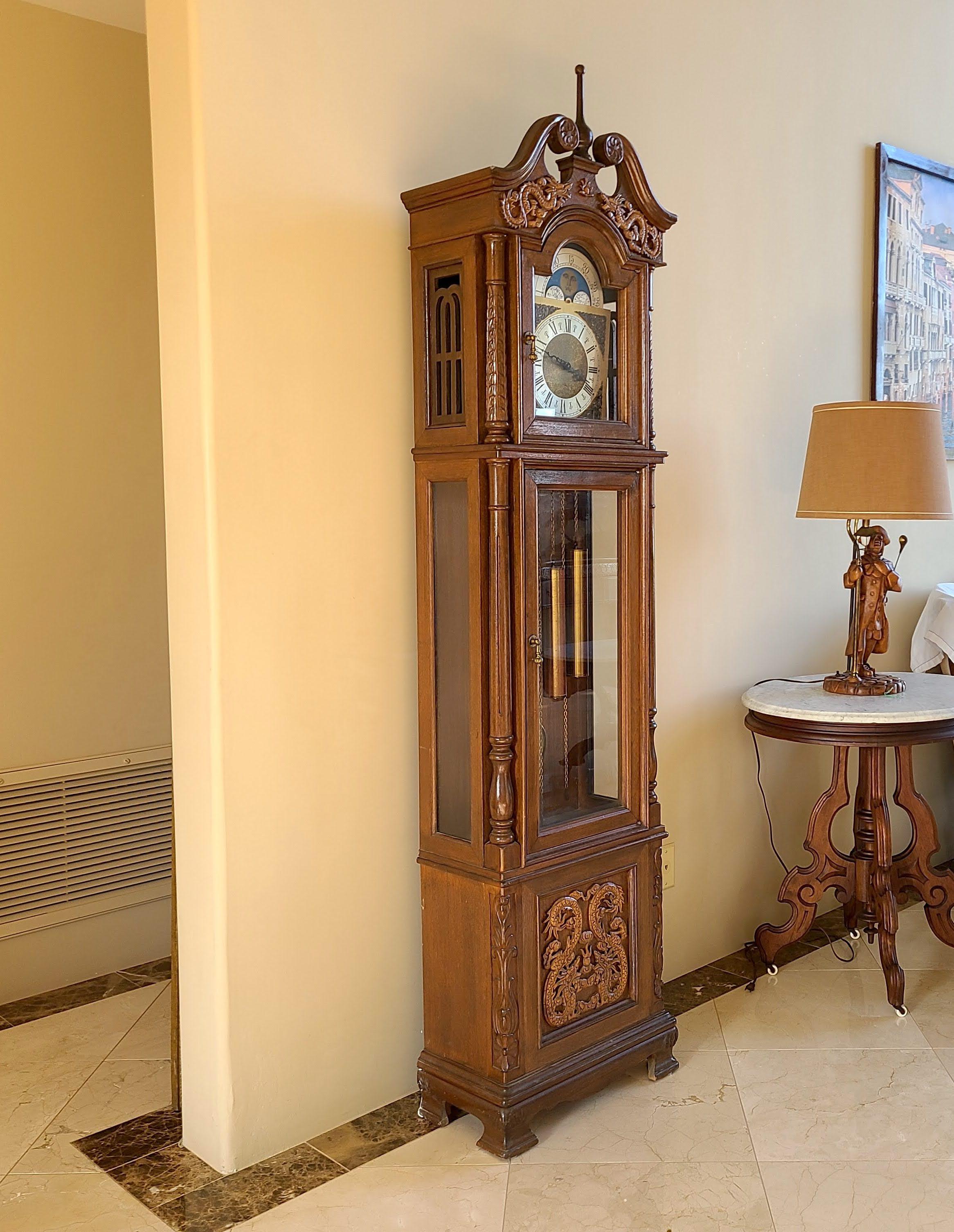 1970s Dragon German Moonface Grandfather Clock | Chairish