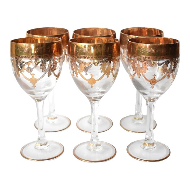 Set of 6 Murano Italian 24k Gold Overlay Wine Glasses For Sale