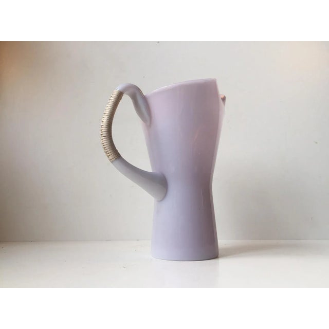 Holmegaard Modernist Opaline Glass Pitcher with a Bamboo Handle by Jacob E. Bang for Kastrup/Holmegaard, 1960s For Sale - Image 4 of 6