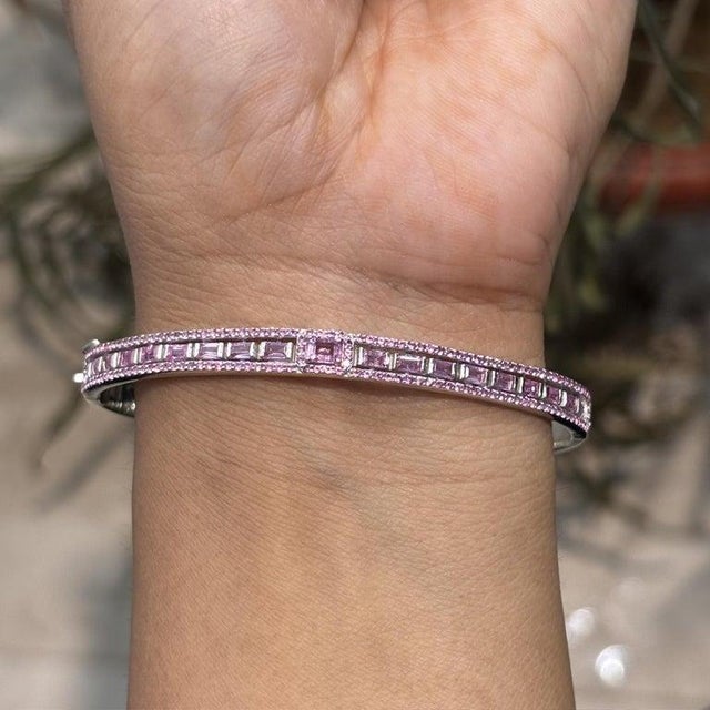 925 Sterling Silver Geometric Hinged Bangle With Mixed Cut Pink Sapphires - Caratandher For Sale - Image 11 of 15