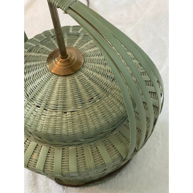 Mid 20th Century Vintage Painted Green Wicker Basket Style Table Lamp For Sale - Image 5 of 10