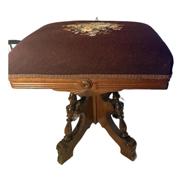 Antique 1800s Needlepoint Upholstery Piano Stool Swivel Seat Rare Carved Wood For Sale