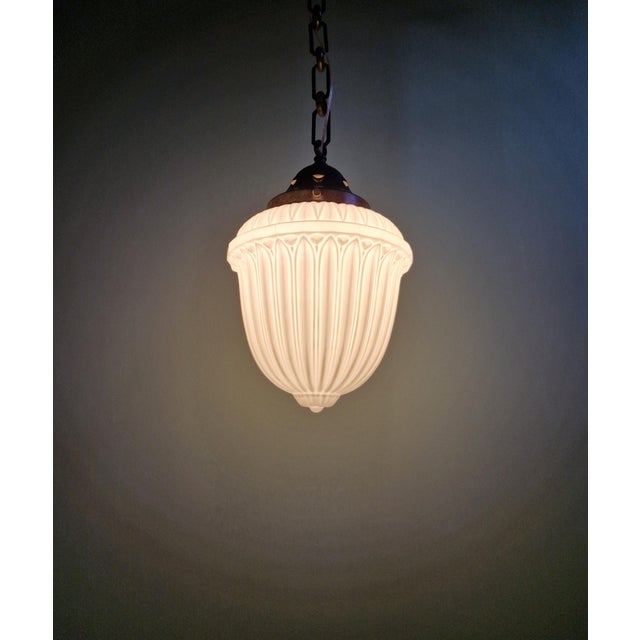 Art Deco Pendant Light in Molded & Pressed White Opaline Glass, 1930s For Sale - Image 4 of 13