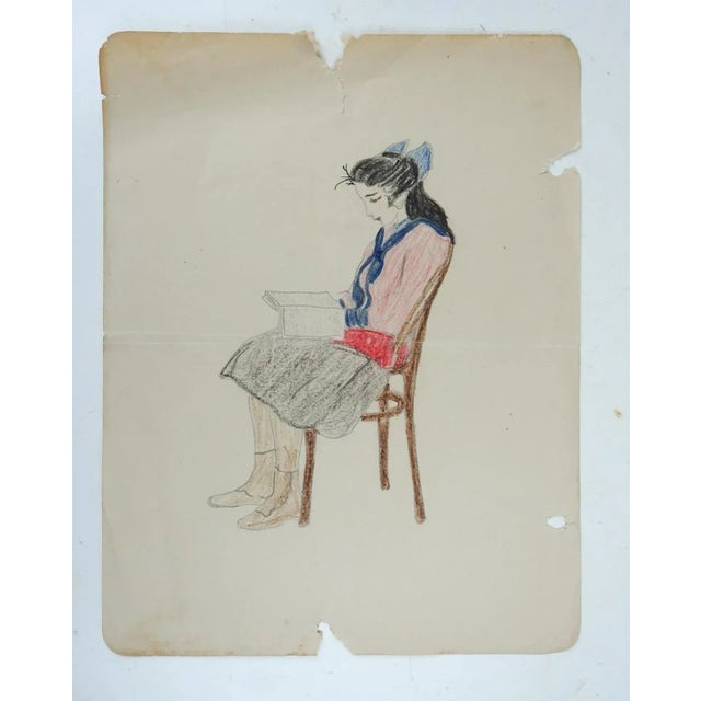 Art Deco Vintage 1920s Portrait Drawing of School Girl For Sale - Image 3 of 3