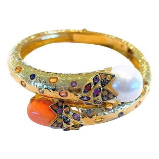 BOCHIC “Orient” Vintage Bangle Set 18K Gold & Silver, Ruby, Coral & Sapphires For Sale