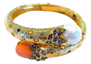 BOCHIC “Orient” Vintage Bangle Set 18K Gold & Silver, Ruby, Coral & Sapphires