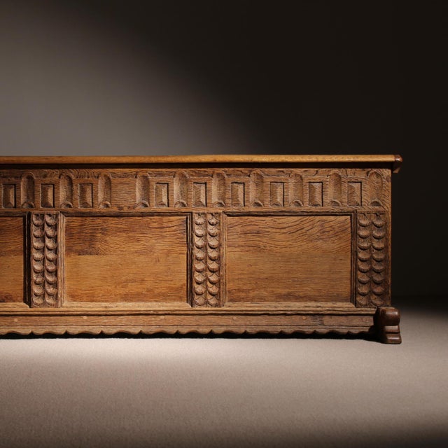 German Handcrafted Oak Chest with Rustic Carvings For Sale - Image 3 of 17
