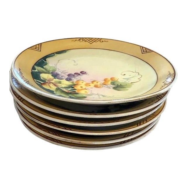 Set of 6 Vintage Hand-Painted Nippon China Plates – Grapes of Glam For Sale