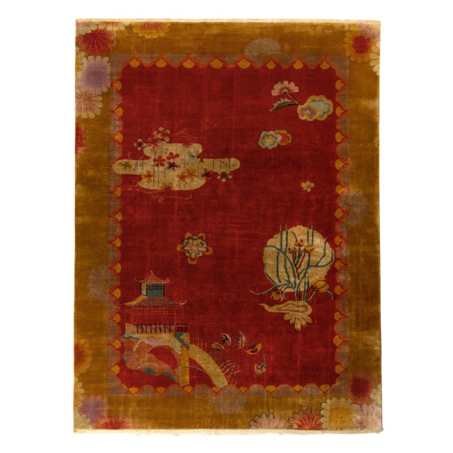 Hand-Knotted Vintage Chinese Art Deco Rug, Red and Gold Pictorial Pattern For Sale In New York - Image 6 of 6