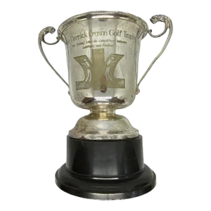 Mid 20th Century Silver Plate on Copper “The Derrick Croxon Golf Trophy” on Black Round Plastic Base