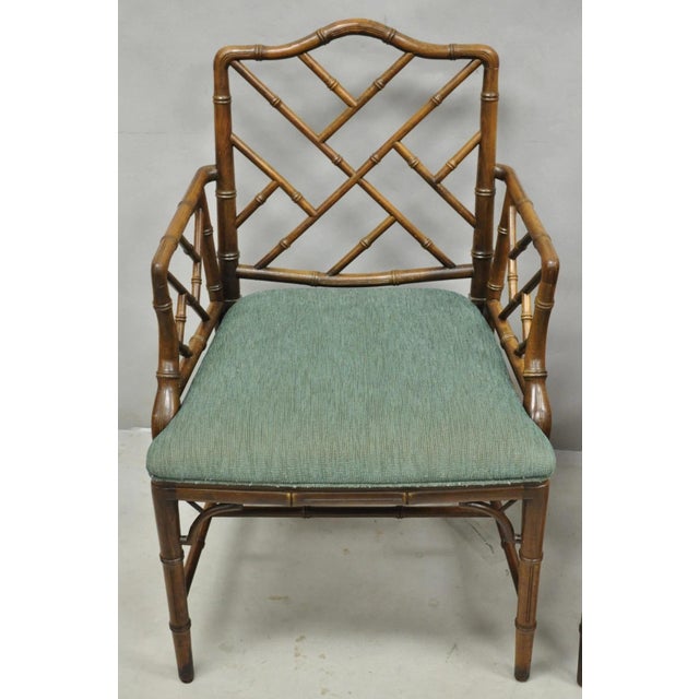 Vintage Chinese Chippendale Faux Bamboo Wood Fretwork Dining Arm Chairs - A Pair For Sale - Image 4 of 14