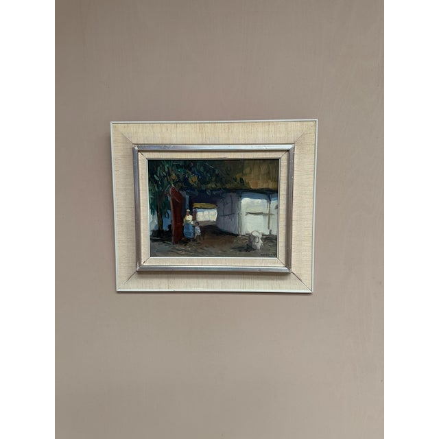 Original Swedish Oil on Panel – “Villagers in Courtyard” by Axel Hamborn – Signed – Vintage & Framed – 40 × 40 cm (15.7" ×...