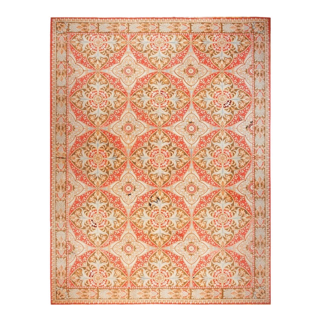 1880s Salmon Floral Medallion Antique French Needlepoint Rug 13'4" X 18' Flatweave Wool Carpet For Sale