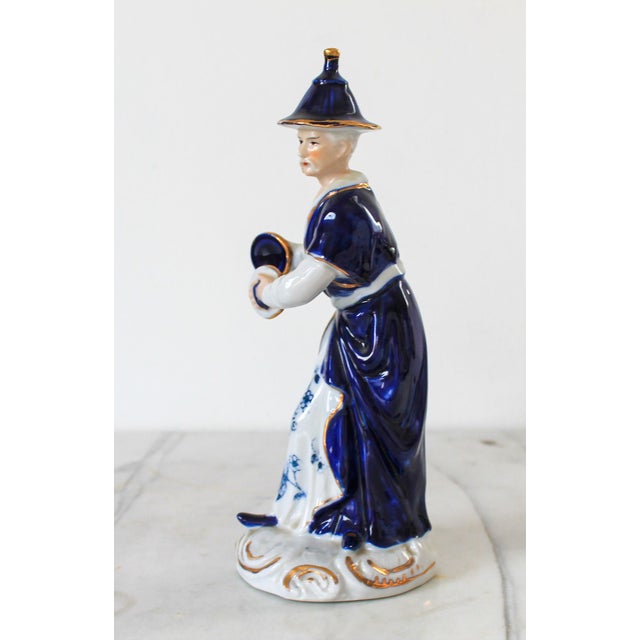 Ceramic Vintage Blue & White Asian Porcelain Figurine in Traditional Dress, Marked KPM For Sale - Image 7 of 8