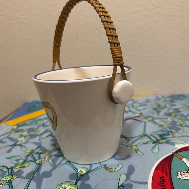 Rustic Vintage Ceramic Pretzel Bucket Wicker Handle Mid Century Bavarian Snack Bowl For Sale - Image 3 of 5