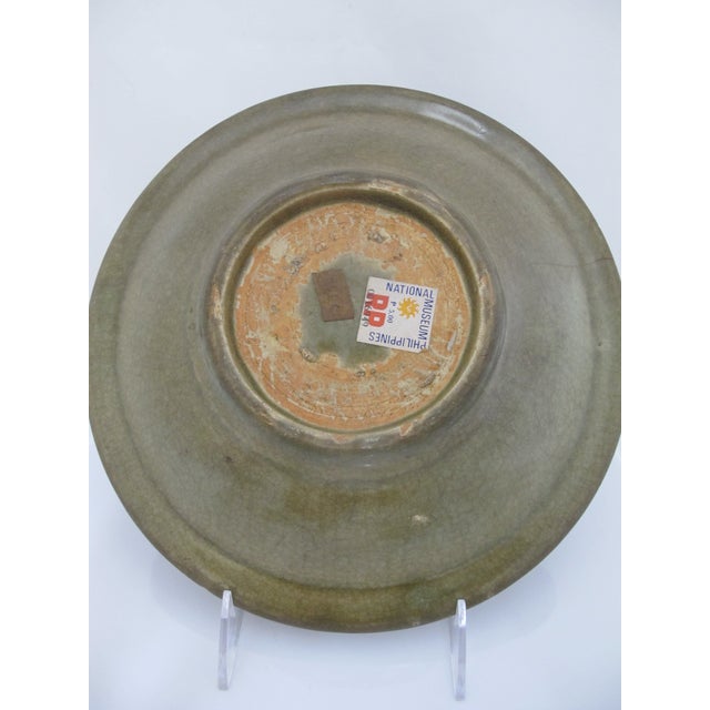 Chinese Longquan Ming Style Celadon Olive Green Fluted Shallow Bowl Dish For Sale - Image 9 of 9