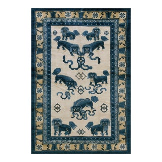 Wonderful White Ivory With Animalia Pattern Antique Chinese Ningxia Rug For Sale