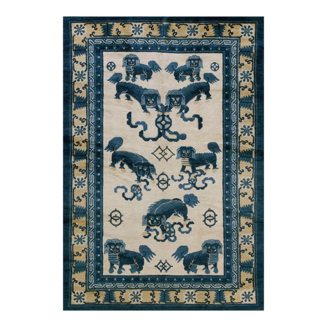 Wonderful White Ivory With Animalia Pattern Antique Chinese Ningxia Rug For Sale