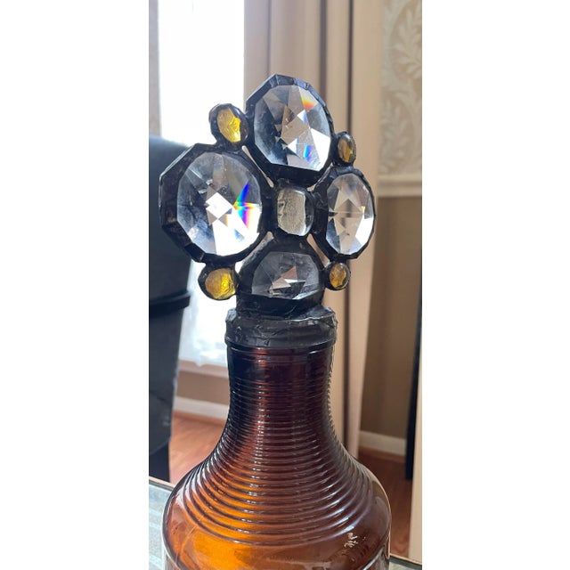 Vintage Arts & Crafts Decorative Amber Art Glass & Cut Crystal Bottle Styled After Karla Walz For Sale - Image 9 of 9