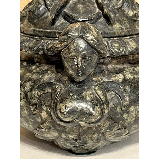 Glass 18th Century/Older Italian Renaissance Style Carved Verdigris Marble Table Box For Sale - Image 7 of 12