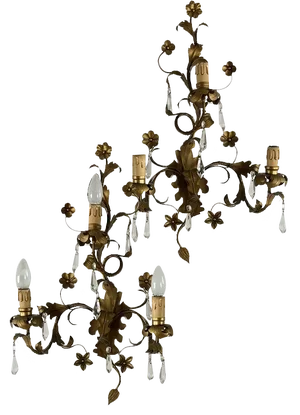 Mid-Century French Wrought Iron and Crystal Wall Lamps, 1950s., Set of 2