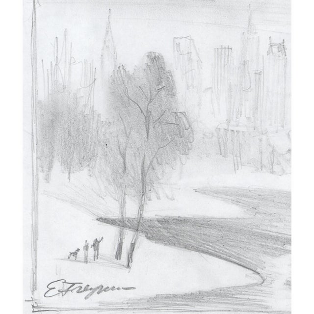 Postcard size circa 1990 pencil drawing by Erik Freyman depicting a winter scene in New York's Central Park. Drawing size...