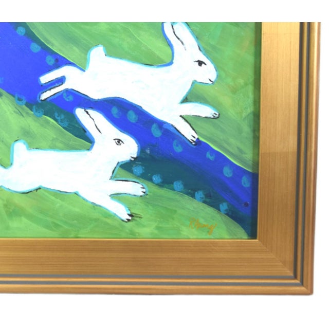 Original one-of-a-kind folk art oil painting of two bunnies, rabbits, or Hares on an artist panel. The talented artist...