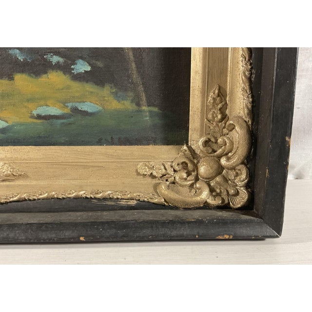 Wood Vintage 1970s Pennsylvania Regional Impressionist Landscape Oil on Board Painting – Heavy Carved Wood Black & Gold Frame For Sale - Image 7 of 10