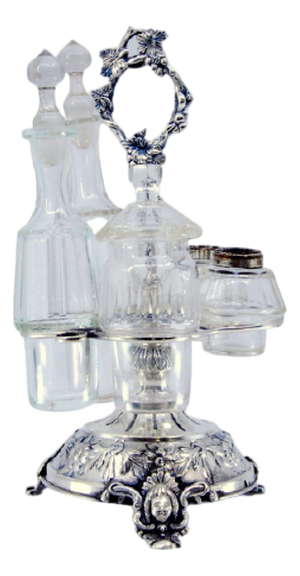 Silver Liqueur Bottle with Floral Motifs, Mascarons Feet and Salt, Pepper and Mustard Containers, Set of 5