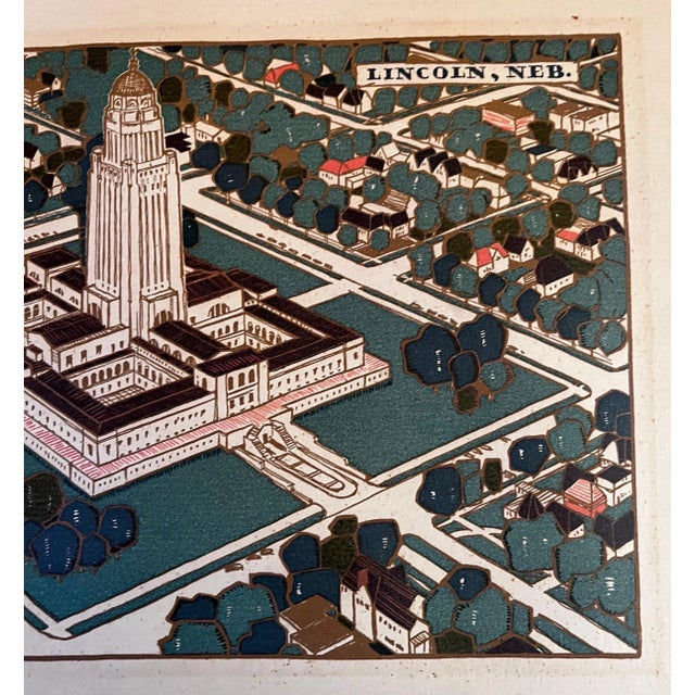 Forest Green Mid 20th Century Aerial View of Lincoln Nebraska Signed Art Print For Sale - Image 8 of 11