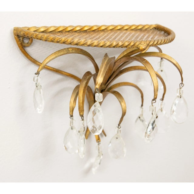 Mid-Century Hollywood Regency Italian Gilt Tole & Crystals Wall Brackets Shelves - a Pair For Sale - Image 4 of 9