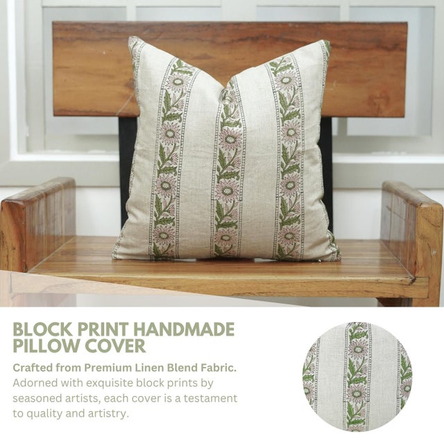 Fabdivine Pure Linen Decorative Throw Pillow Cover 18x18 Khushi Hand Block Print Cushion For Sale - Image 9 of 9