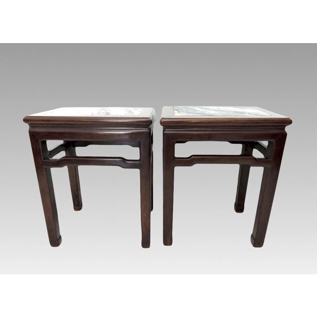 Antique Rosewood Chinese 'Mahjong' Stools / End Tables With White Grey Dali Lake Marble Tops - Set of 4 / Pair For Sale In Tampa - Image 6 of 12