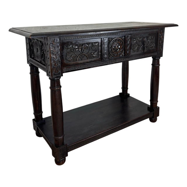 19th Century Spanish Carved Oak Console Table with Two Drawers For Sale