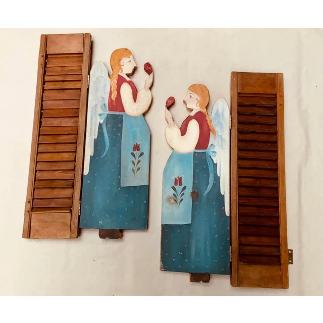 1930s 1940s Peter Hunt Style Blue Painted Wood Angel Window Shutters For Sale - Image 5 of 9