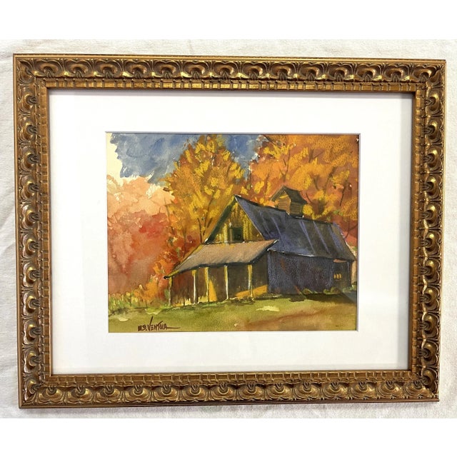 Framed Original Signed Watercolor Painting by M E Ventola of an 'Old Barn in Autumn' For Sale - Image 13 of 13