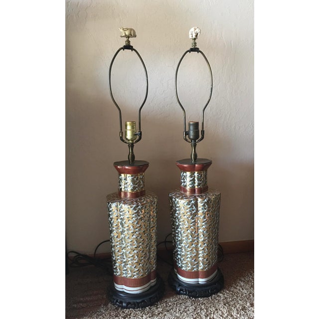 1930's Gilt Gold & Antique Cream Decorated Ceramic Lamps Adorned With Handcarved Elephant & Rabbit Flinlilies For Sale - Image 13 of 13